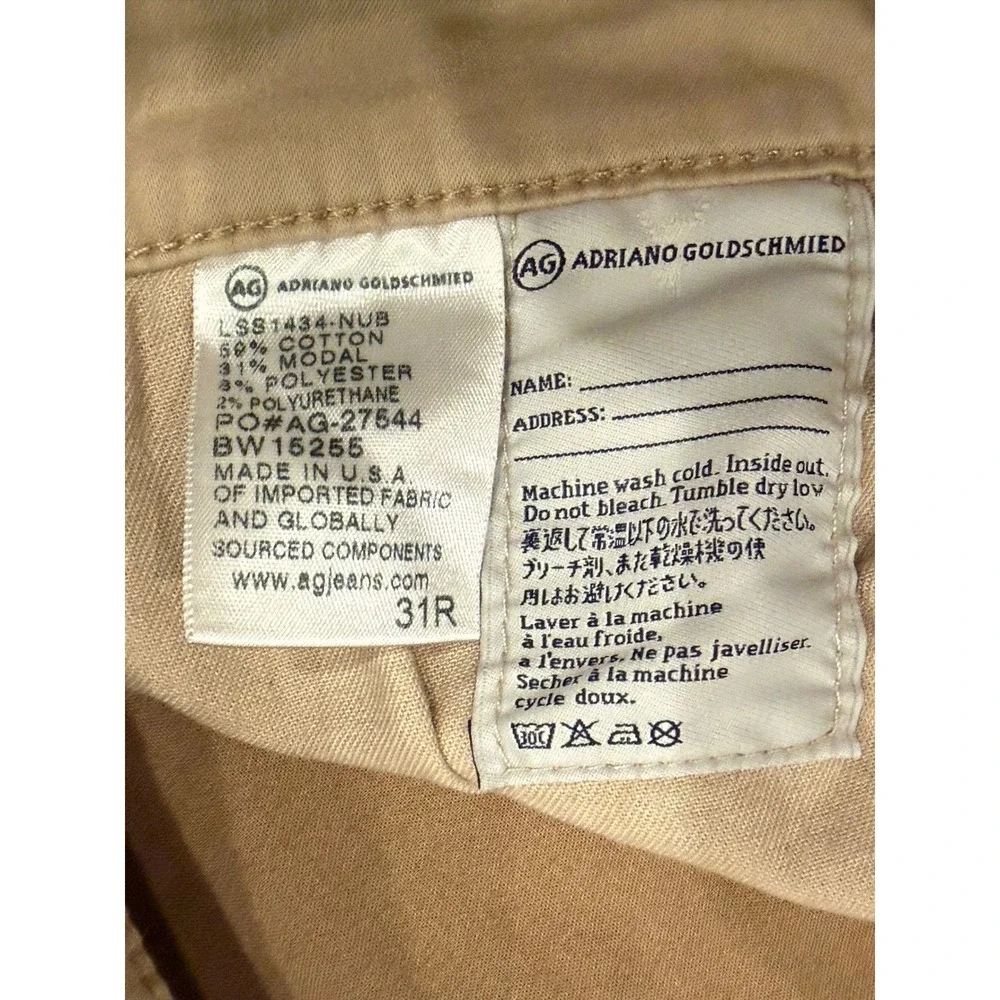 AG Adriano Goldschmied The Prima Mid-Rise Cigarette Pants Tan Khaki 31R‎ LS81434